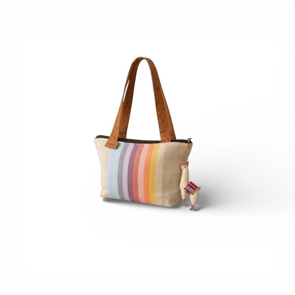 Terra Natural Handmade Leather Strap Small Tote Vertical Stripe Llama Charm, NWT